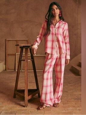 Sezane Tomboy Linen Blend Plaid Shirt and Trouser Set size 6/FR38
